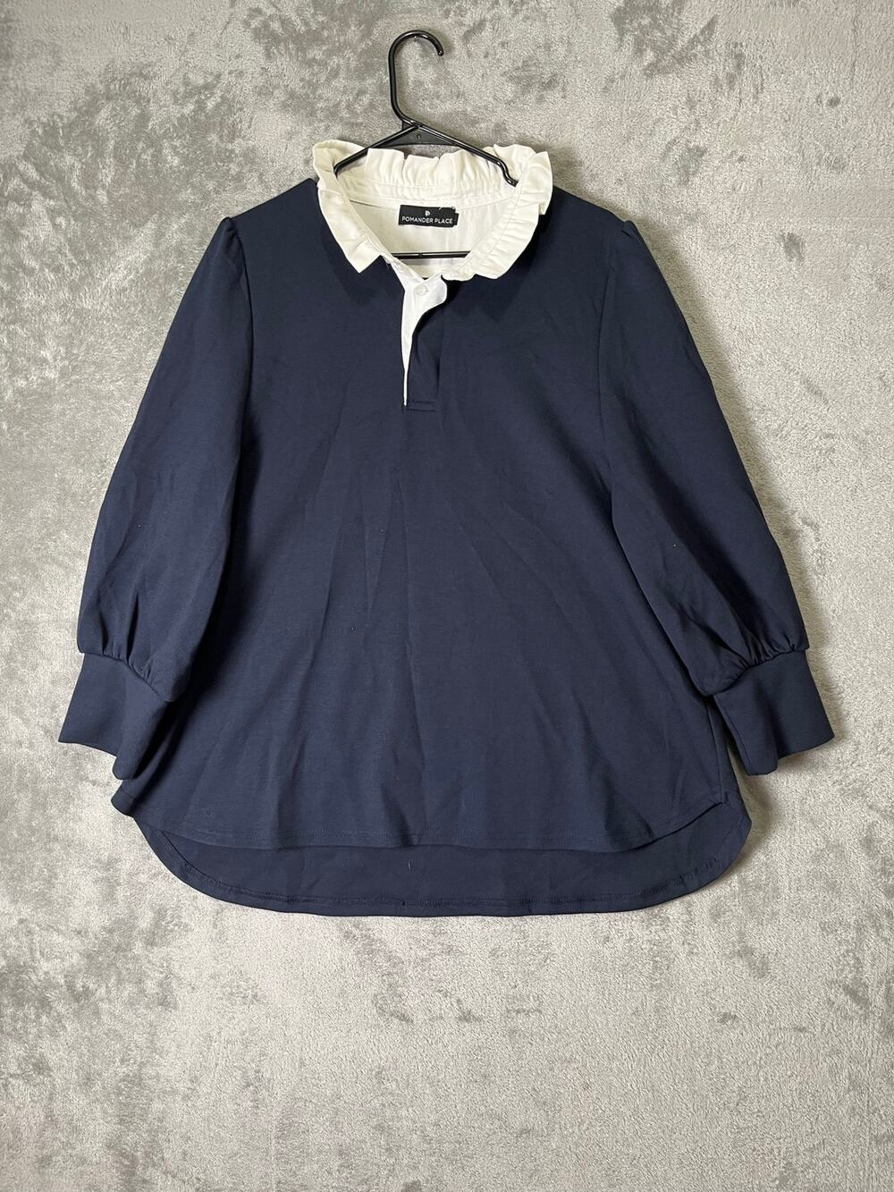 Pomander Place Charlotte Terry Top Navy Blue Ruffle Collar Preppy Size XL